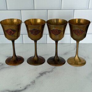 Vintage Brass Goblets With Etched Design Set Of 4